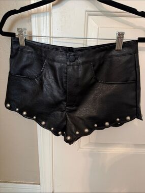 Black Faux Leather High-Waist Studded Scallop Hem Shorts